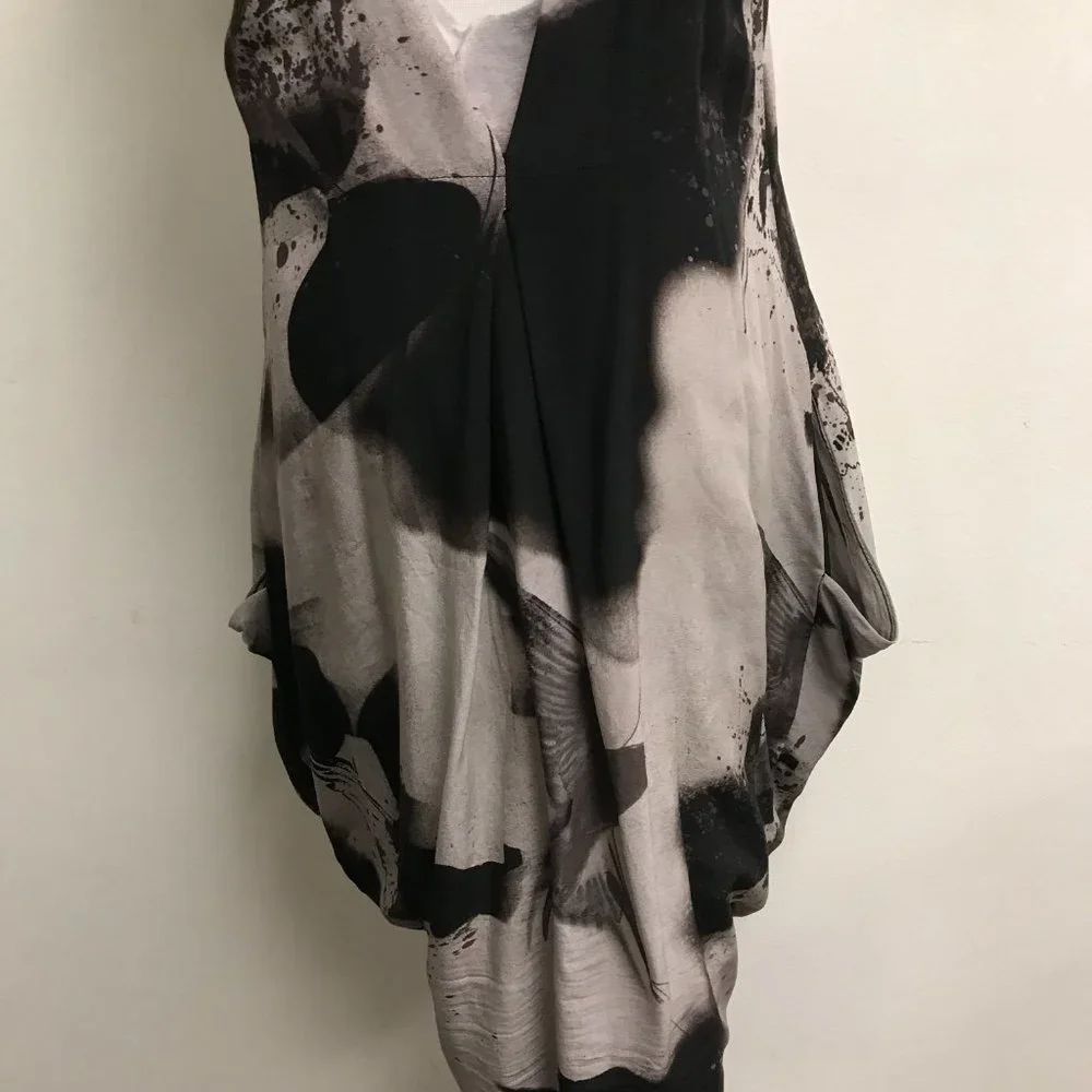 Diesel black gold silk sleeveless loose fit dress bird gray print low back L - Picture 5 of 9
